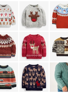 现货英国NEXT男童针织衫毛衣套头上衣新年圣诞加厚高领农场学院