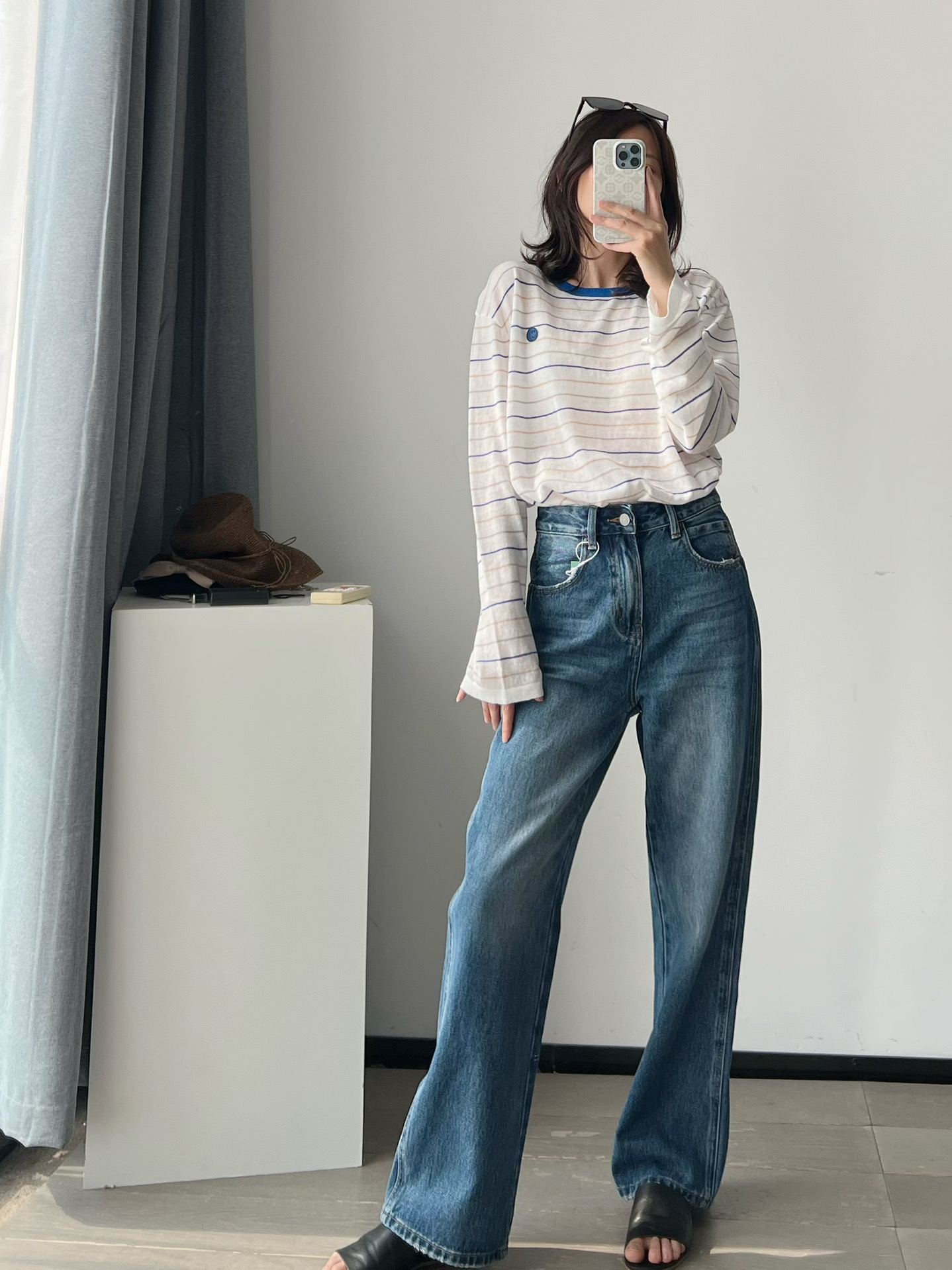 ponkey 长腿轰炸～复古蓝高腰直筒阔腿牛仔裤宽松显瘦百搭裤子