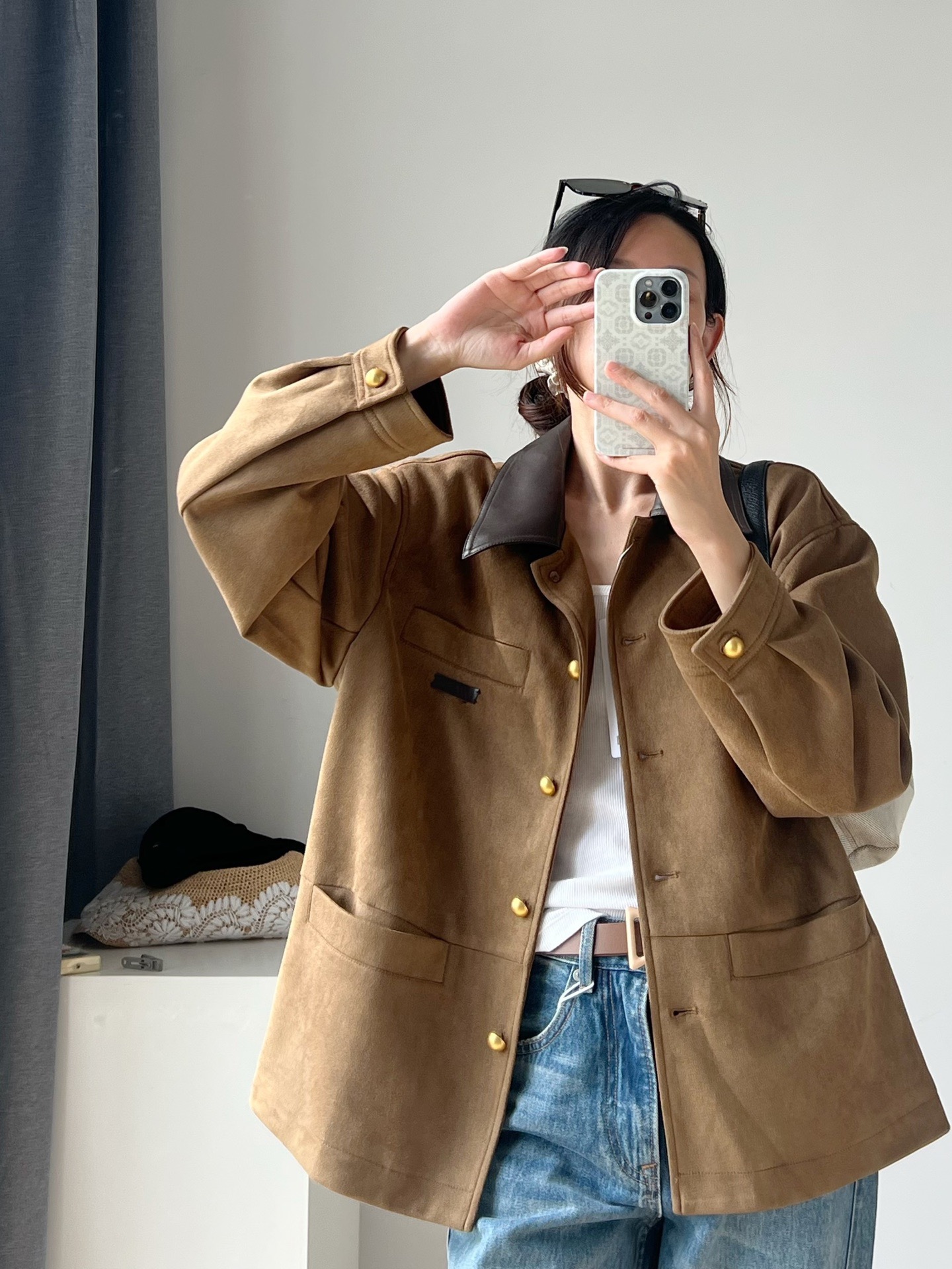 ponkey 巴恩老干部～复古美拉德，麂皮绒皮领中长款宽松外套