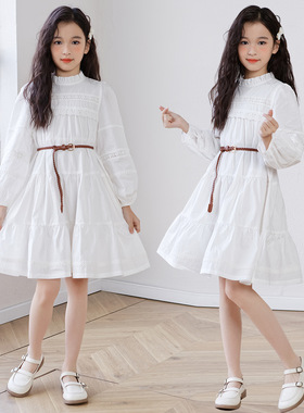 女童秋装连衣裙2025新款童装甜美白色纯棉韩版立领长袖气质公主裙