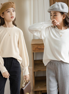 中大童装春秋纯棉磨毛打底衫个性波浪边长袖女童圆领T恤百搭上衣
