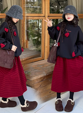 女童卫衣半身裙套装2025秋冬新款中大童新年衣服两件套拜年服裙子