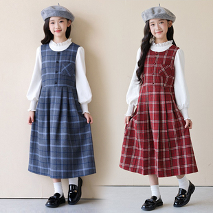 女大童长裙子秋冬裙2026新款儿童装背心裙套装少女孩毛呢格子裙子