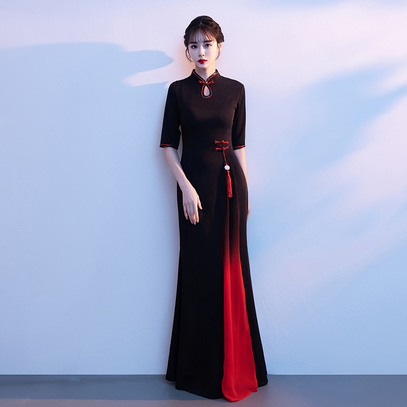 黑色中式旗袍舞台古筝演出服礼仪迎宾晚礼服鱼尾显瘦大合唱团服装