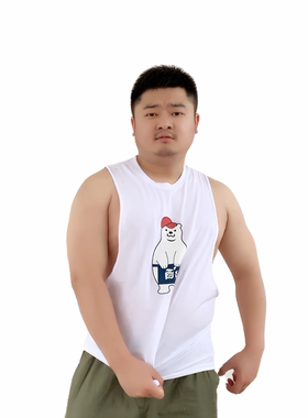 虎尔先生男生日系夏纯棉原创小熊印花低开腰宽松运动健身休闲背心