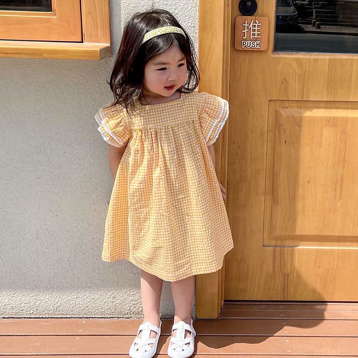 2025夏季女童连衣裙格子宝宝宽松娃娃裙蕾丝花边儿童纯棉文艺韩版