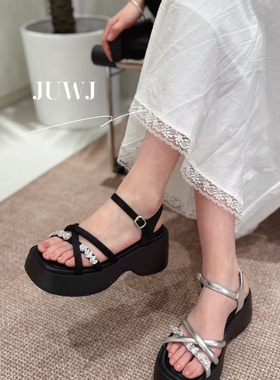 M998品牌880-3厚底高跟方头水钻一字扣带凉鞋时尚韩版增高女鞋