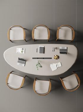 实木创意异形白色小型6人会议桌轻奢高级感大板办公桌椅意式极简