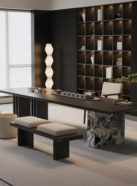 意式极简岛台黑色茶桌实木大板茶台办公室家用客厅轻奢2025新款