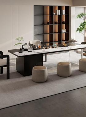 实木大板岩板茶桌椅组合设计师茶台黑色轻奢高级感2025新款办公室