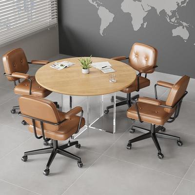 原木色4人小型实木会议圆桌轻奢高级感洽谈桌椅组合现代商务办公