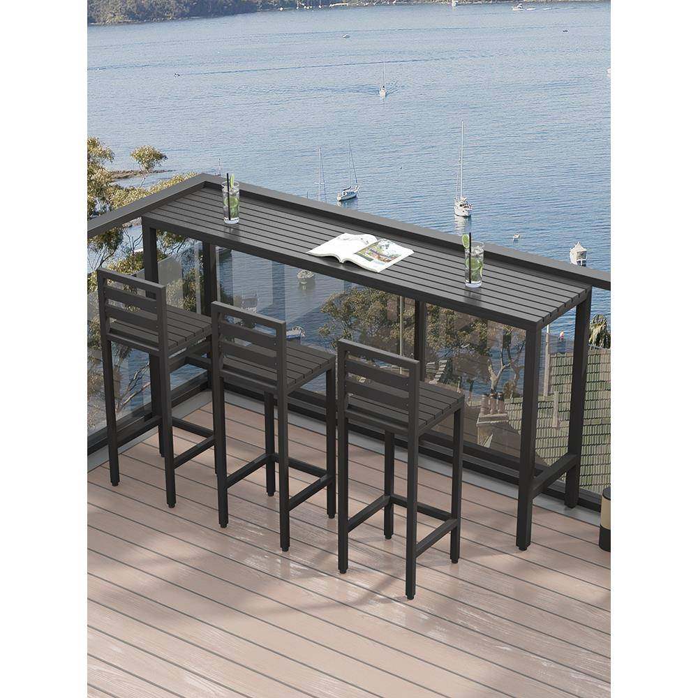 户外吧台塑木桌椅组合露天阳台靠墙长条桌室外防腐防晒高脚窄桌黑