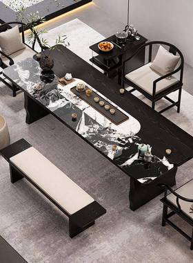 意式轻奢黑色岩板台面茶水茶桌椅组合2025新款高端家用客厅泡茶台