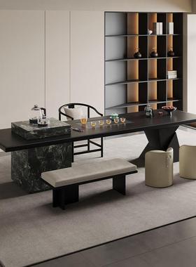 意式极简岛台实木黑色大板茶桌办公桌一体茶台轻奢高级感2025新款