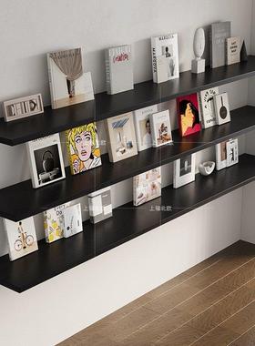 黑色实木一字隔板壁挂置物架简约书架客厅电视背景壁龛摆件收纳架