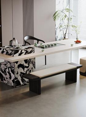 意式极简实木白色岛台茶桌椅组合设计师现代轻奢茶台一体办公家用