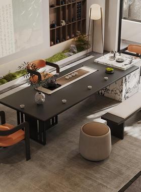 新中式黑色岩板岛台茶桌椅组合办公室接待茶台烧水壶一体2025新款