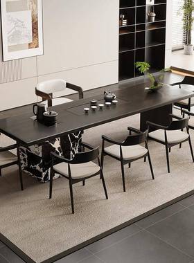 意式轻奢黑色实木岛台茶桌烧水壶一体嵌入式家用客厅多功能泡茶台