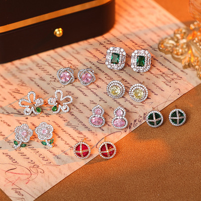 艾妮贝妮新款彩色超闪锆石耳钉几何形轻奢复古时尚百搭耳饰