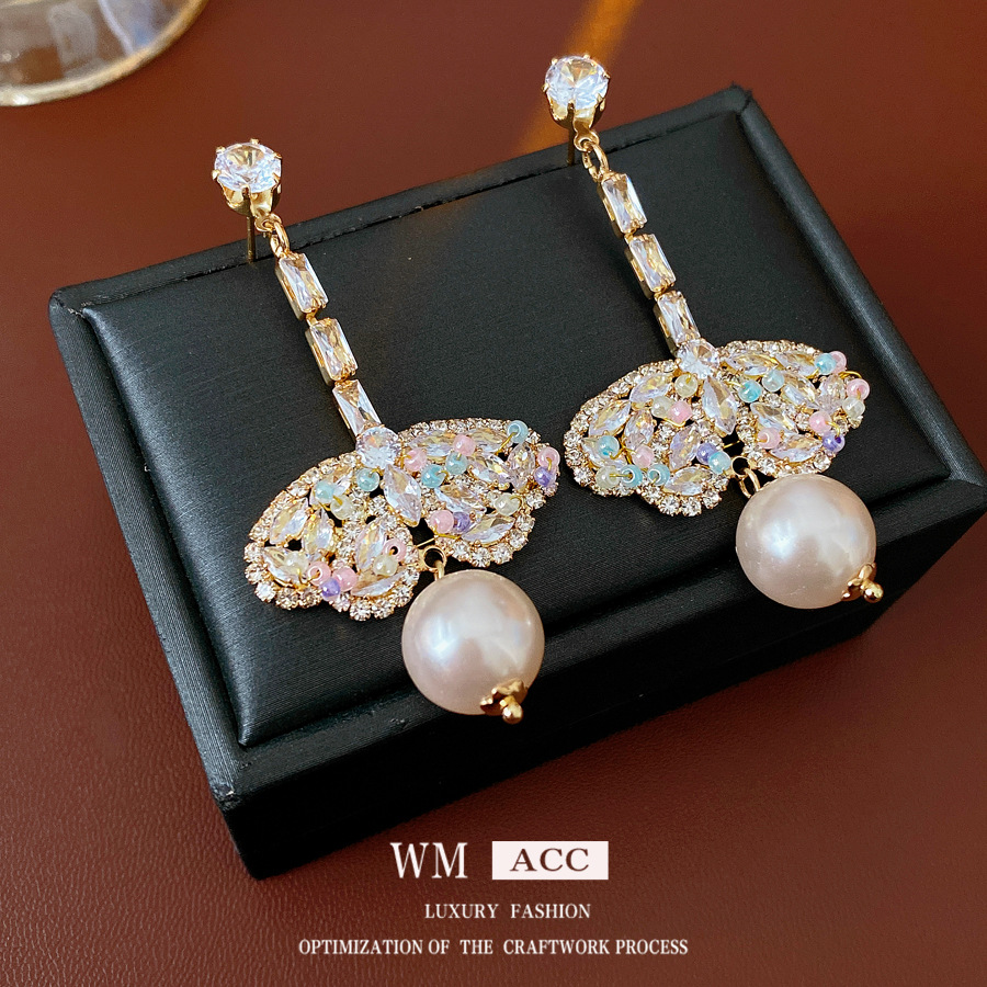 银针珍珠镶钻翅膀圆形耳环法式复古精致百搭耳钉轻奢感耳饰女