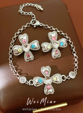 Y2K彩锆四叶花朵吊坠小项链耳钉戒指众设计感ins甜酷风新款配饰