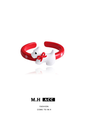 卡通可爱白色滴油小狗红色戒指女学生党甜美风时尚气质个性食指戒