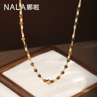 新中式虎眼石串珠项链女轻奢风小众设计感锁骨链复古高级感毛衣链