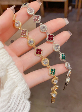 欧美跨境个性时尚夸张彩色锆石四叶花圆环手链精致轻奢百搭手饰品