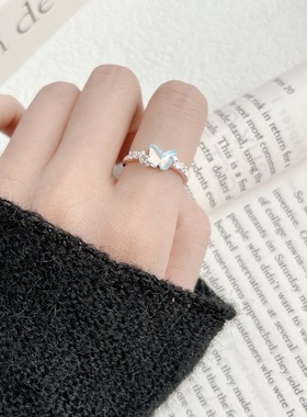 浅蓝淡彩摩卡蝴蝶开口指环不掉色戒指女小众轻奢风个性食指戒