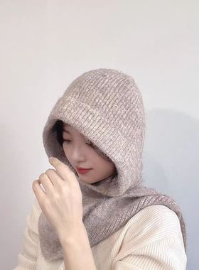 韩代灰色巴拉克拉法帽女秋冬大头围保暖帽子围脖一体针织帽毛线帽