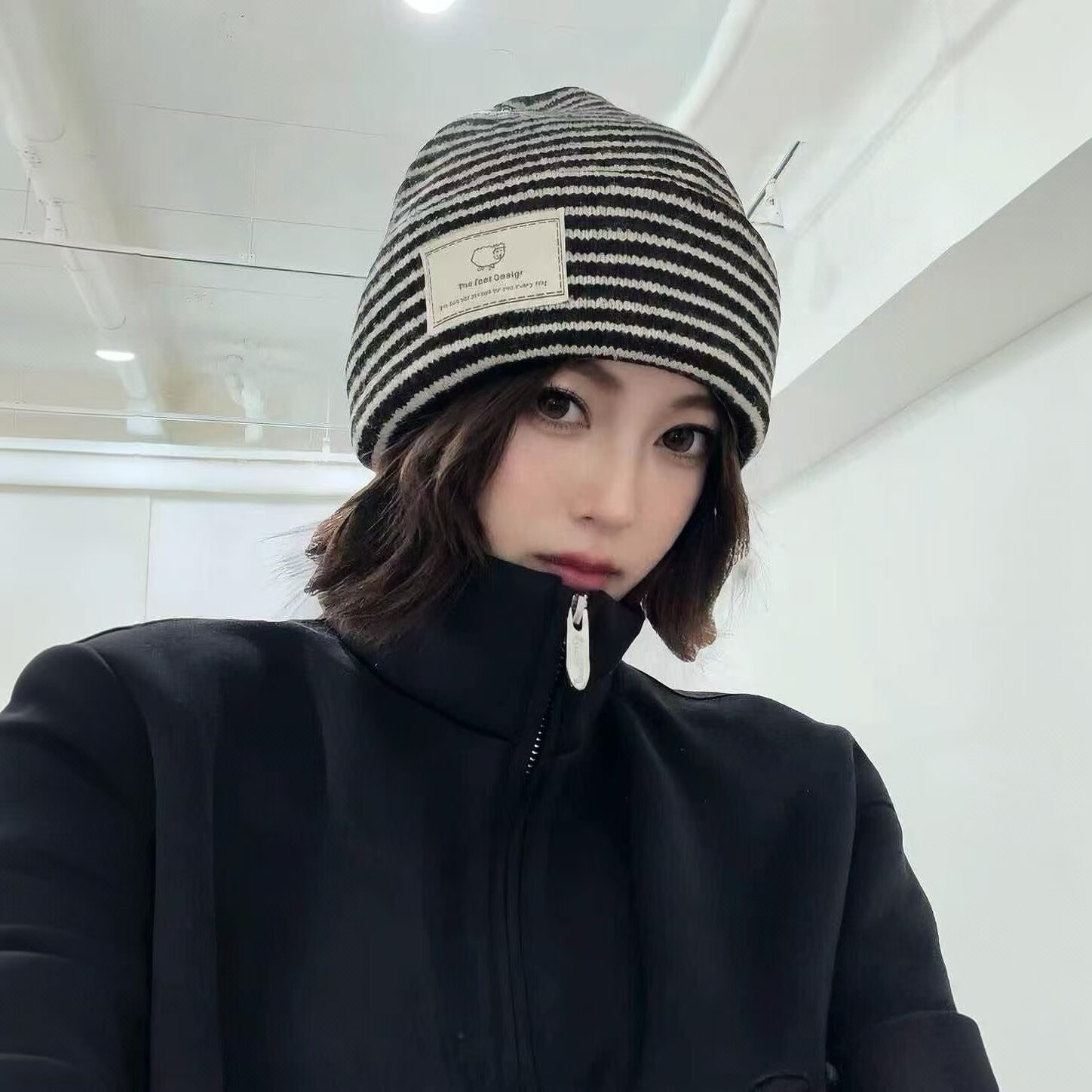 新款韩国代购条纹贴布保暖毛线帽女冬加厚可下翻百搭针织帽护头帽