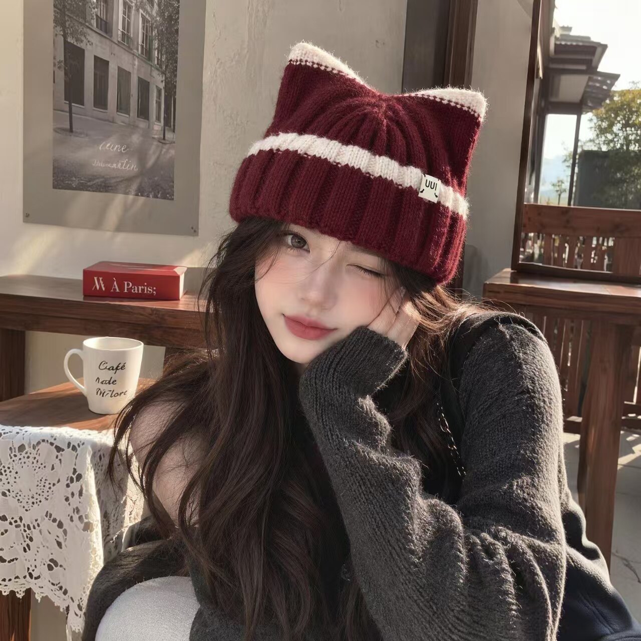 韩代猫耳毛线帽保暖护耳毛线帽女