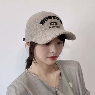 韩国进口代购秋冬新BOSTON字母羊毛混纺显脸小针织鸭舌帽棒球帽女