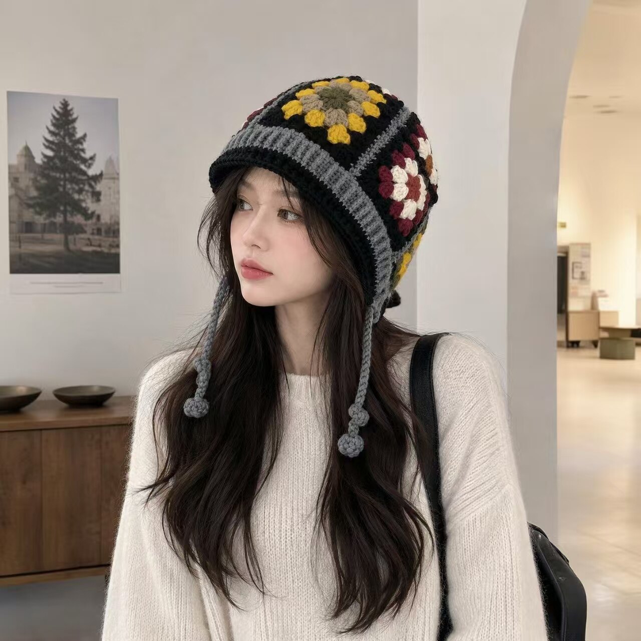 秋冬复古提花保暖护耳针织帽女款