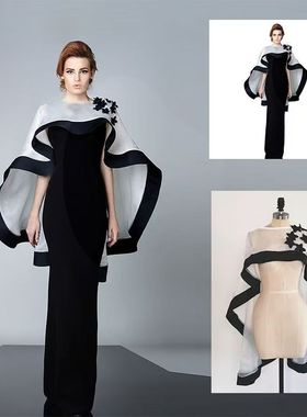 欧美女士新款欧根纱黑边斗篷前短后长披肩白色套头拍照外搭舞台装