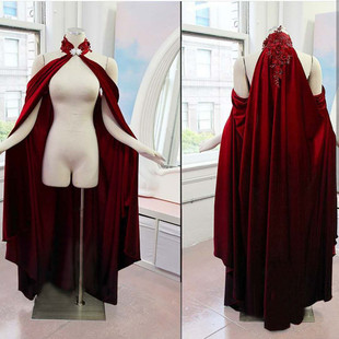 露肩性感酒红色立领金丝绒披肩长款披风节目主持舞台演出可定制