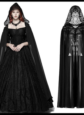 新款万圣节披风斗篷女巫cosplay黑色长款外套蕾丝大帽子披肩*