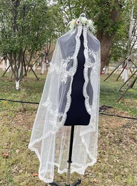 欧美新款新娘头纱蕾丝花边婚纱礼服配饰婚纱摄影旅拍外景造型写真