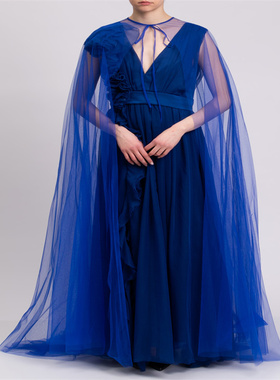 欧美女士新款新娘披肩蓝色双层网纱长拖尾披风拍照摄影道具舞台装