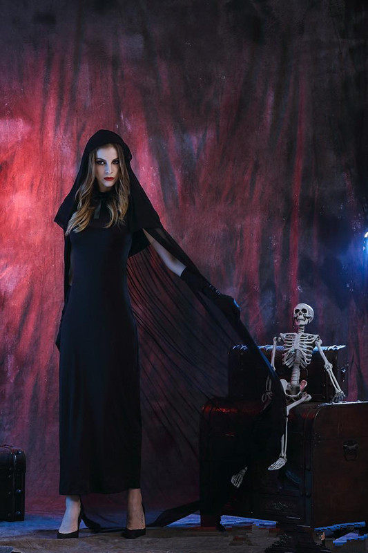 2023死神女巫魔法黑色连帽斗篷万圣节吸血鬼角色扮演系带雪纺披风