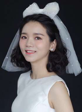 女士新娘派对婚礼蝴蝶结短款头纱唯美白色礼服配件加发梳新娘头饰