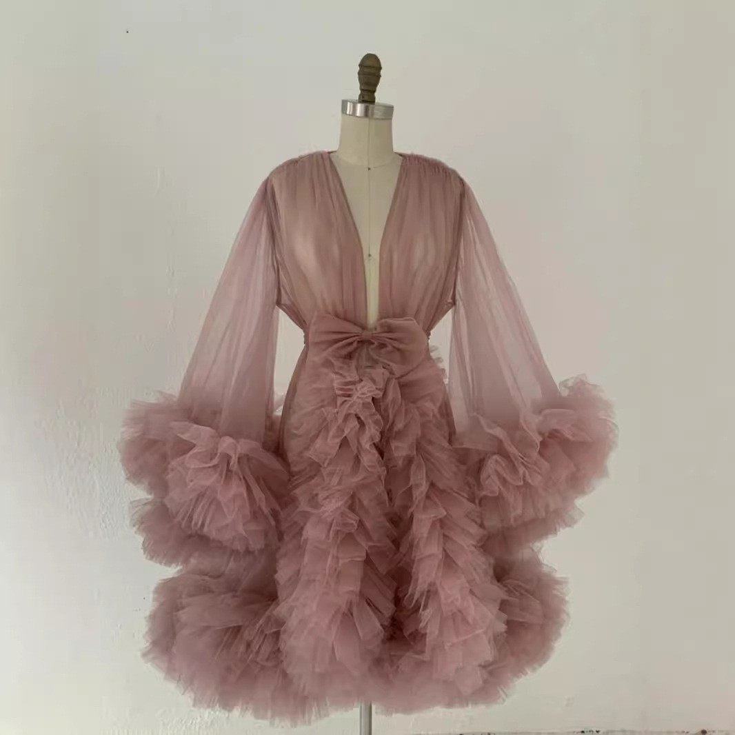 欧美女士粉色网纱晨袍礼服孕妇裙拍照服装短款纱裙酒吧舞会演出服