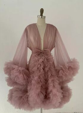 欧美女士粉色网纱晨袍礼服孕妇裙拍照服装短款纱裙酒吧舞会演出服