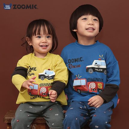 日本 zoomic 2025春秋儿童装卡通警车消防车运动拼色圆领长袖T恤