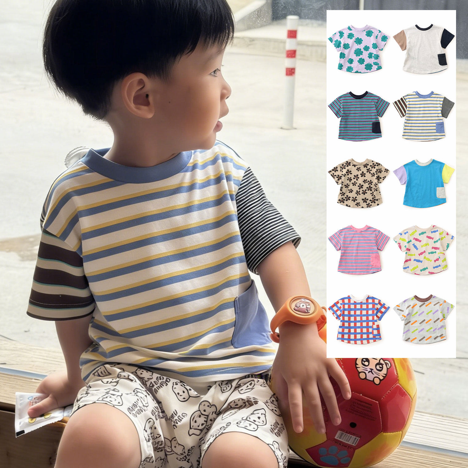 日本 BREEZE 2026春秋儿童正反两面拼色纯棉圆领口袋运动短袖T恤