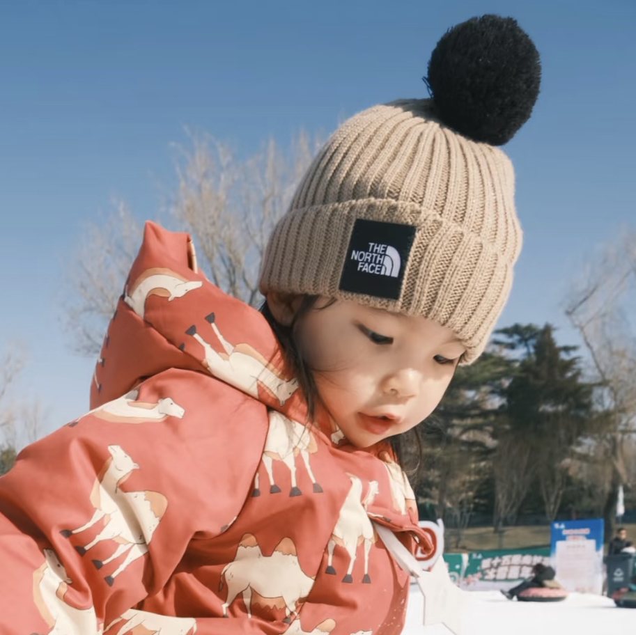 日本北面 the north face 2025冬儿童毛球球拼色针织保暖毛线帽子