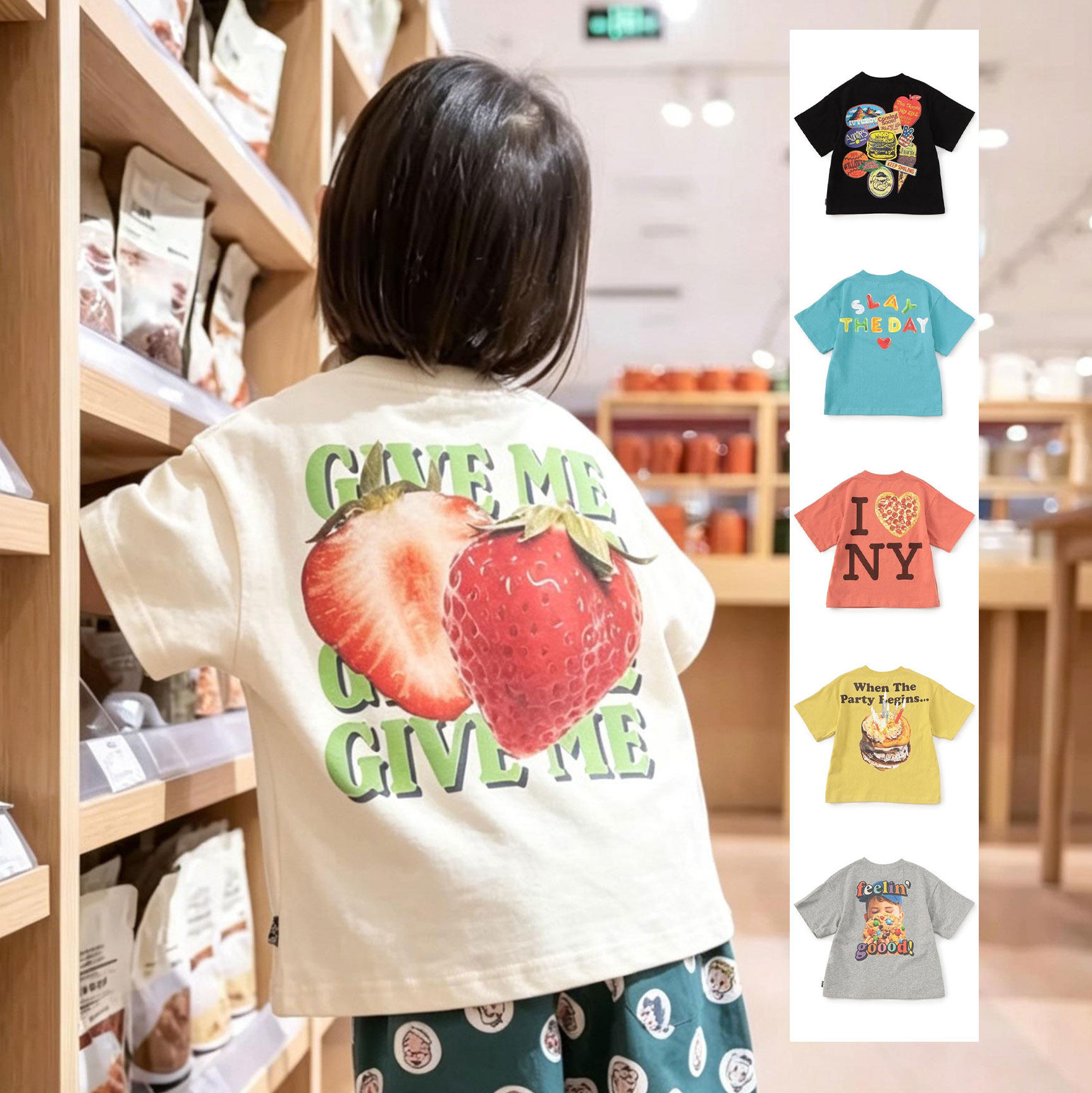 日本 BREEZE 2026夏儿童装卡通草莓披萨甜品冷饮宽松圆领短袖T恤