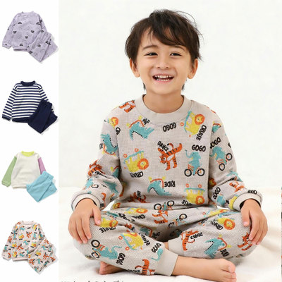 日本 BREEZE 2026春儿童华夫格动物园长袖T恤长裤家居服睡衣套装