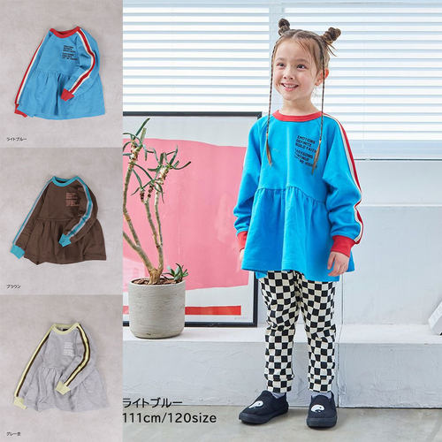 日本 MARKEYS 2026春女童装裙摆撞色条纹中长款运动圆领毛圈卫衣