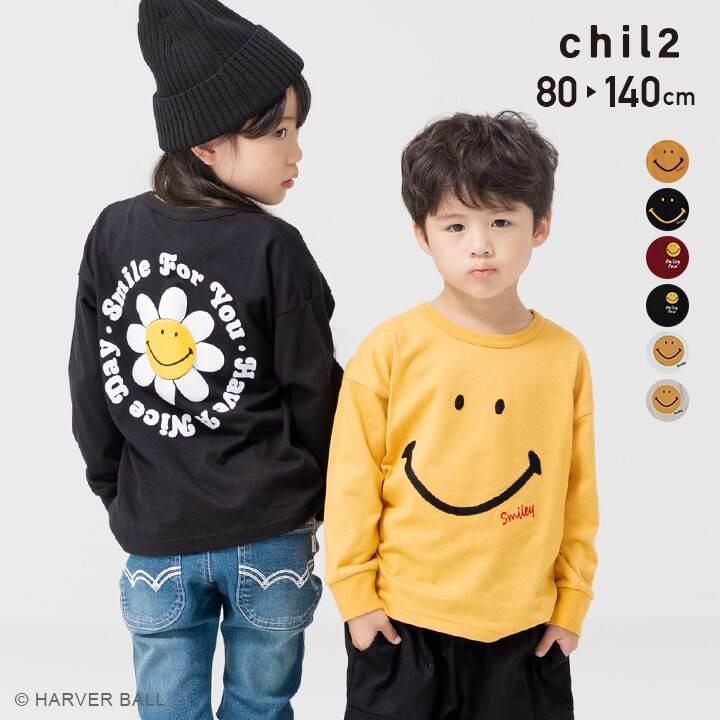 日本 chil2 2024春秋儿童刺绣笑脸向日葵花落肩款圆领插肩长袖T恤
